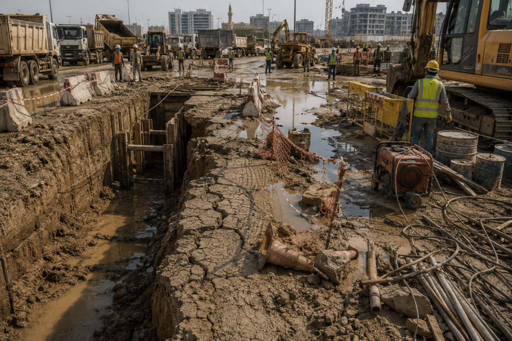 Warning signs of a high-risk construction site with trench instability and poor control
